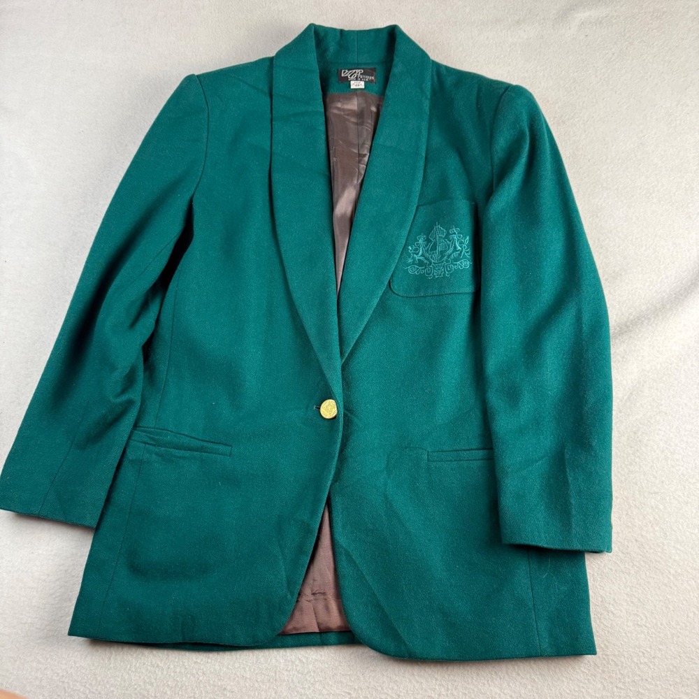 Liz Claiborne Petites Vintage Wool Crest Blazer Emerald Green Gold Button 6P